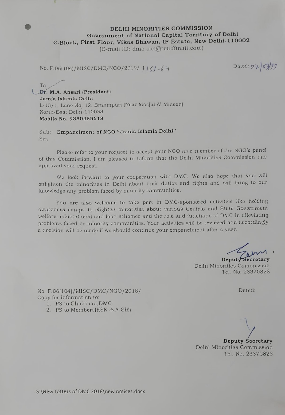 Letter from the Delhi Minorities Commission approving a house-to-house COVID-19 vaccination awareness program for Jamia Islamia Delhi. The letter, dated 10th September 2021, outlines details on volunteer deployment, program start date, funding, and documentation requirements for monthly reporting.